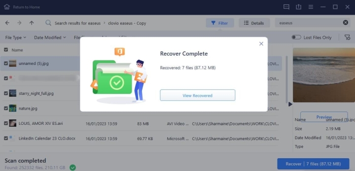Ease US Data Recovery Wizard Recover Complete