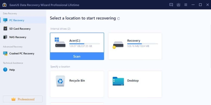 Setting up the Scan in EaseUS Data Recovery Wizard