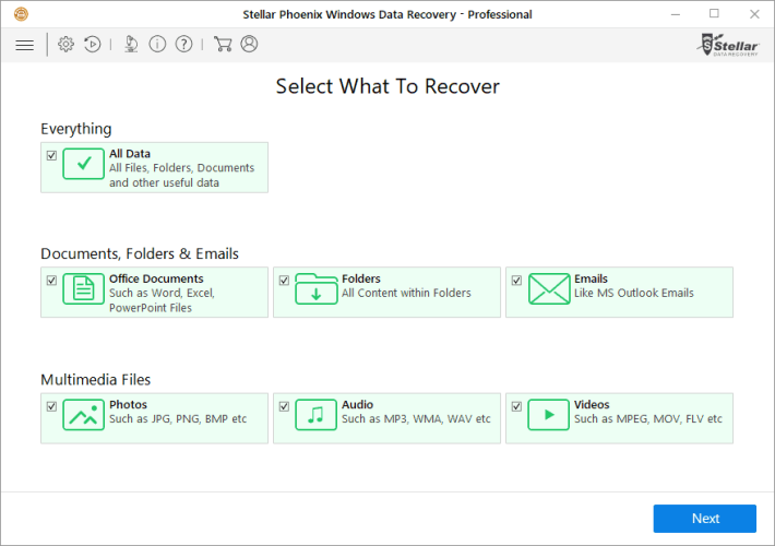 Selecting Recoverable File Types in Stellar Windows